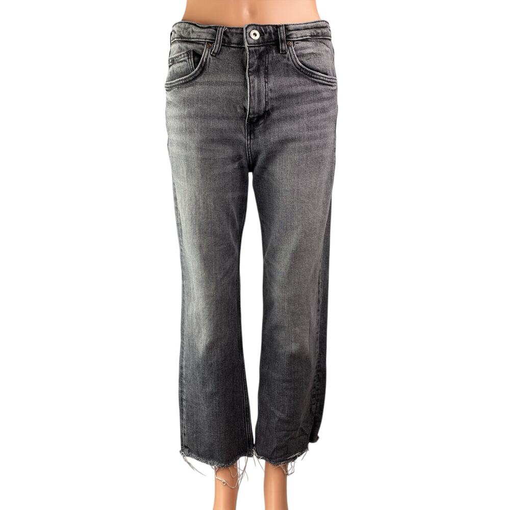 Zara Women's Gray High Waisted Frayed Raw Hem Flared Bootcut Denim Jeans Pants 8